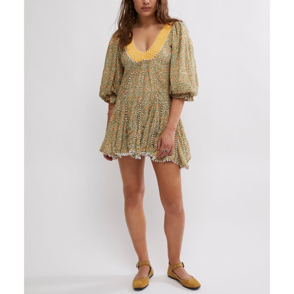 Free People Floral Mini Dress in Olive Green and Mustard - Picture 5 of 10